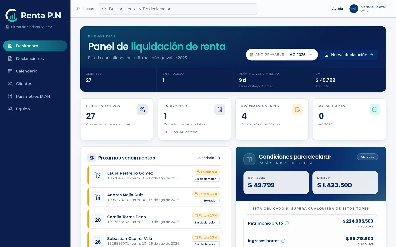 Panel de liquidación de renta de Contamy con KPIs de clientes, próximos vencimientos y condiciones del año gravable
